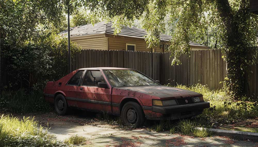 Old red sedan parked in a residential driveway, surrounded by overgrown grass and trees