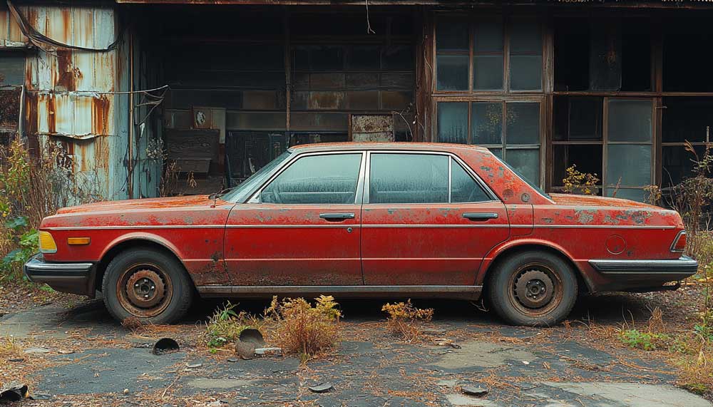 Rusty red vintage car parked in front of an abandoned building