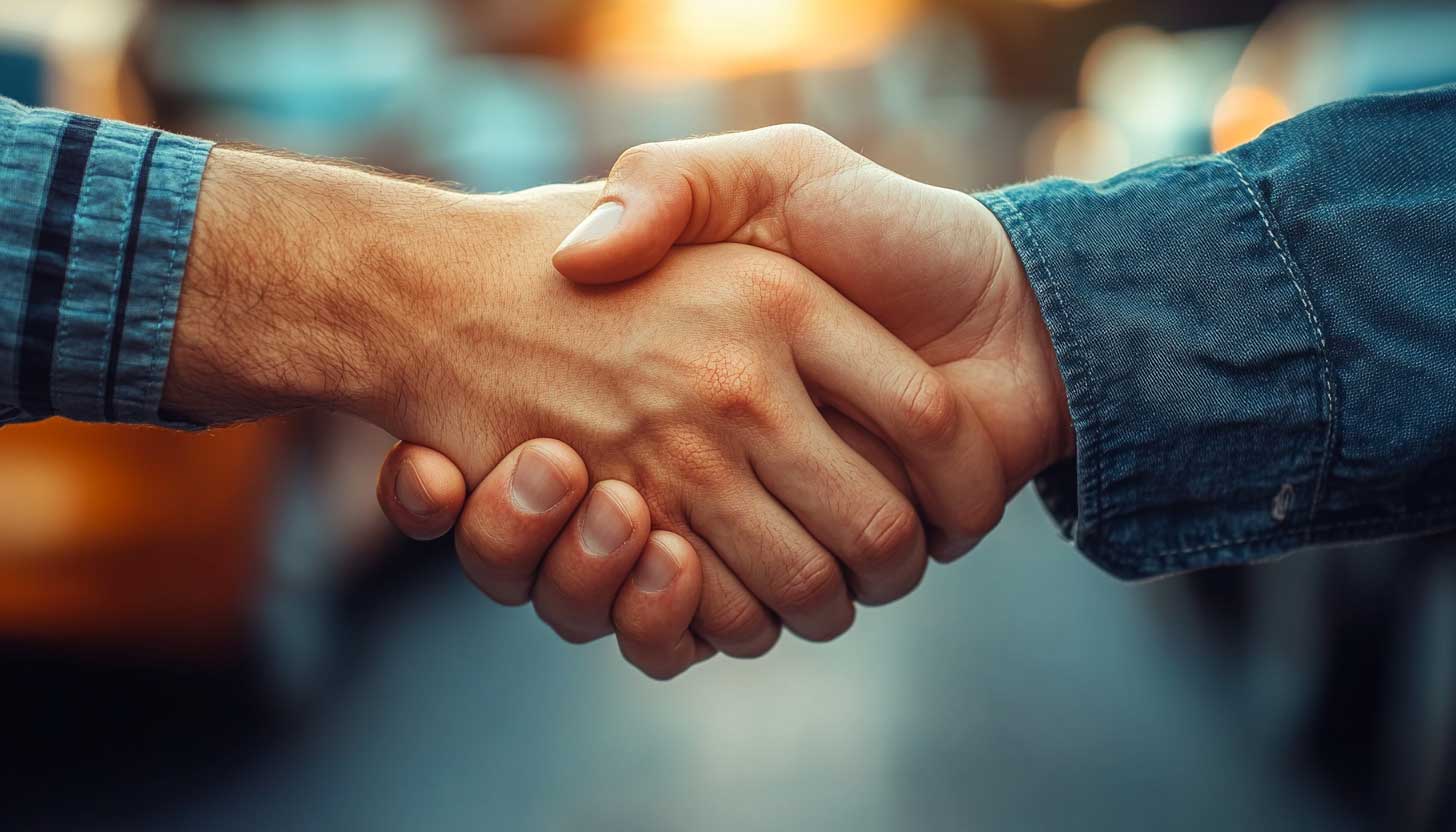 Close-up of a firm handshake between two people wearing denim shirts