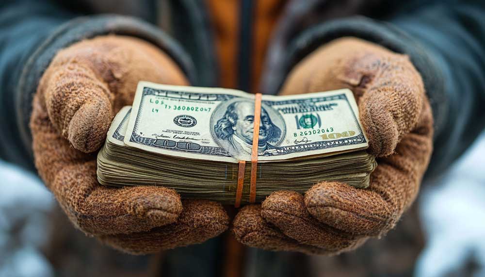 Hands wearing work gloves holding a stack of hundred dollar bills