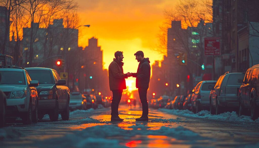 Two men completing a junk car sale on an Atlanta street at sunset, symbolizing trust and transparency in junk car transactions.